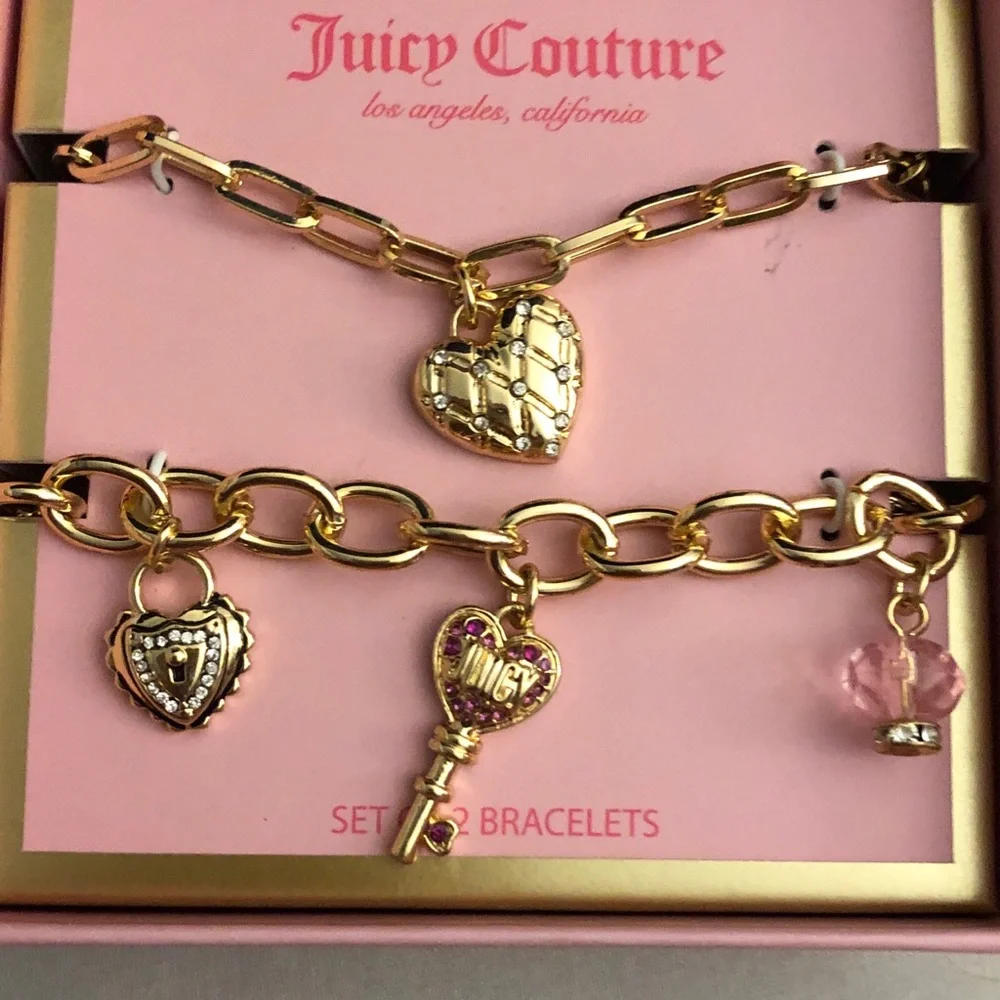 Juicy Couture Gold Tone Charm Bracelet Set Quilted Heart, Key & Lock Charms NIB